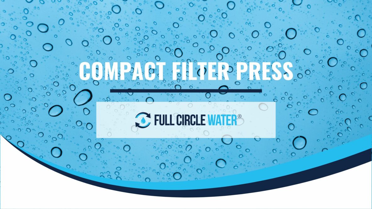 Water droplets on a blue background with the Full Circle Water logo and the text ‘Compact Filter Press’