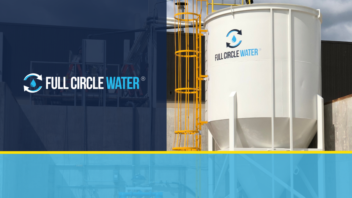 A Full Circle Water Branded slurry silo with a yellow ladder sits on the right half of the photo. On the left have is text reading Full Circle Water.