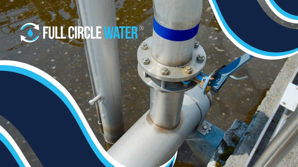 Close-up on pipes with a blue valve and cloudy, wastewater in the background. Dark blue, light blue, and white wave elements represent water waves, and the Full Circle Water logo is in the top right corner.